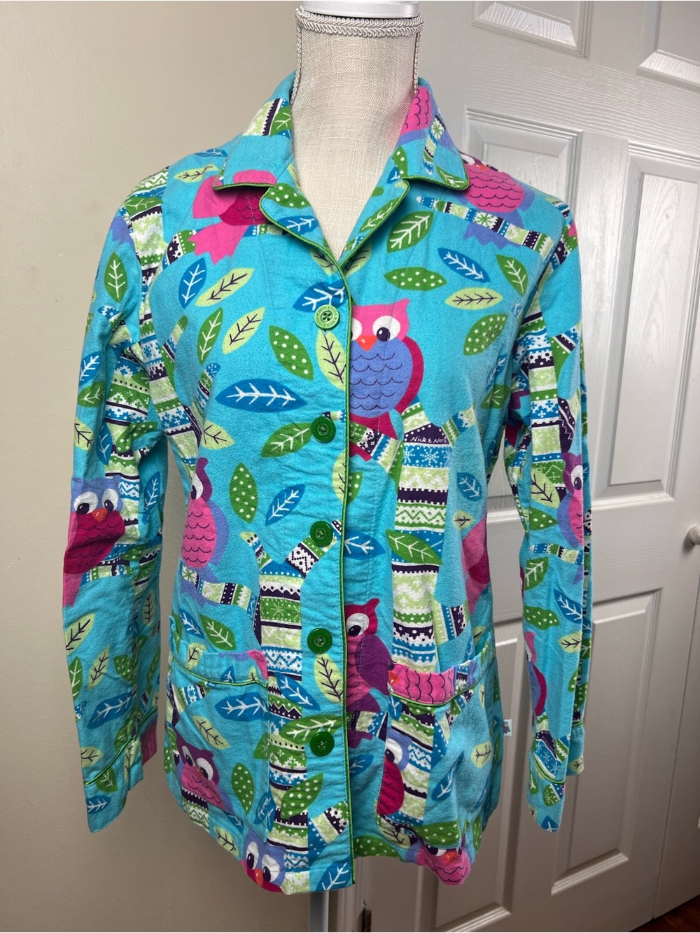 Nick & Nora Owl Flannel Pajama Top Turquoise Small 2011